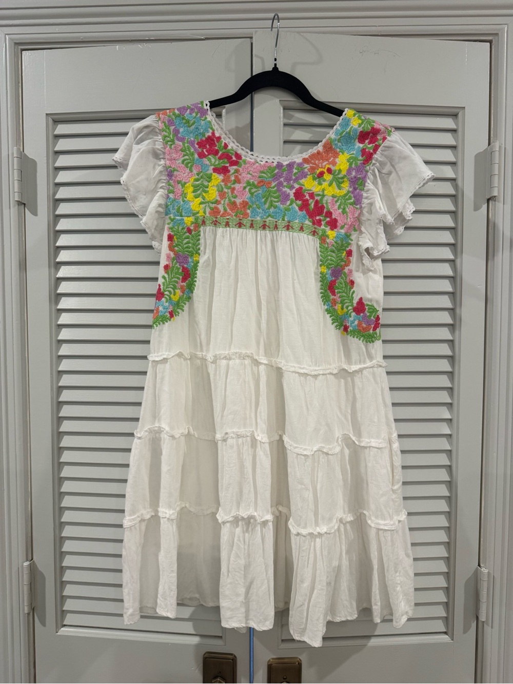 White Embroidered Tiered Cotton Dress with Multicolor Floral Yoke